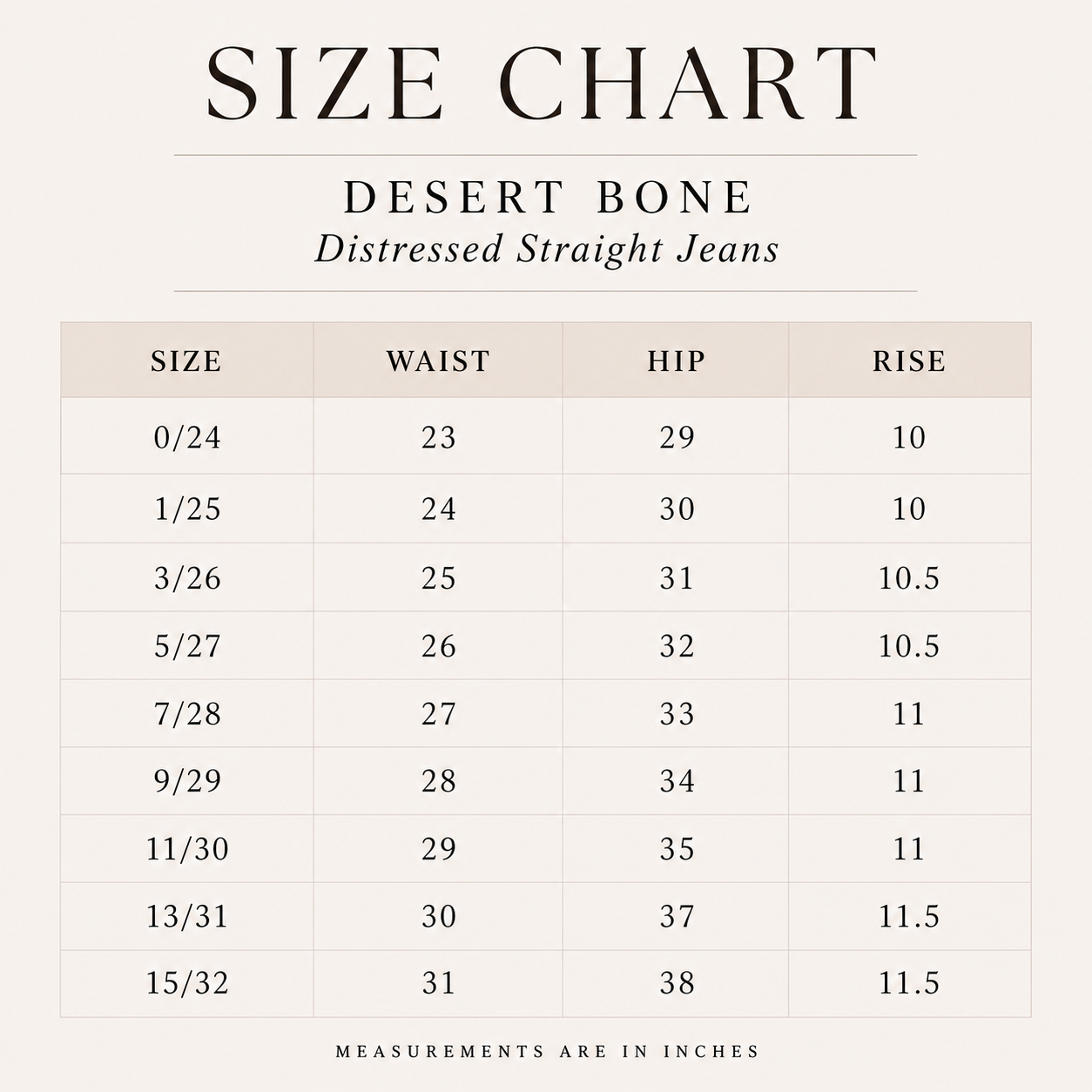 Size chart for Desert Bone Distressed Straight Jeans with measurements in inches.