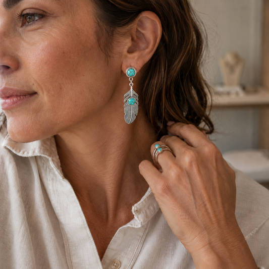 Aretes Colgantes de Pluma Turquesa