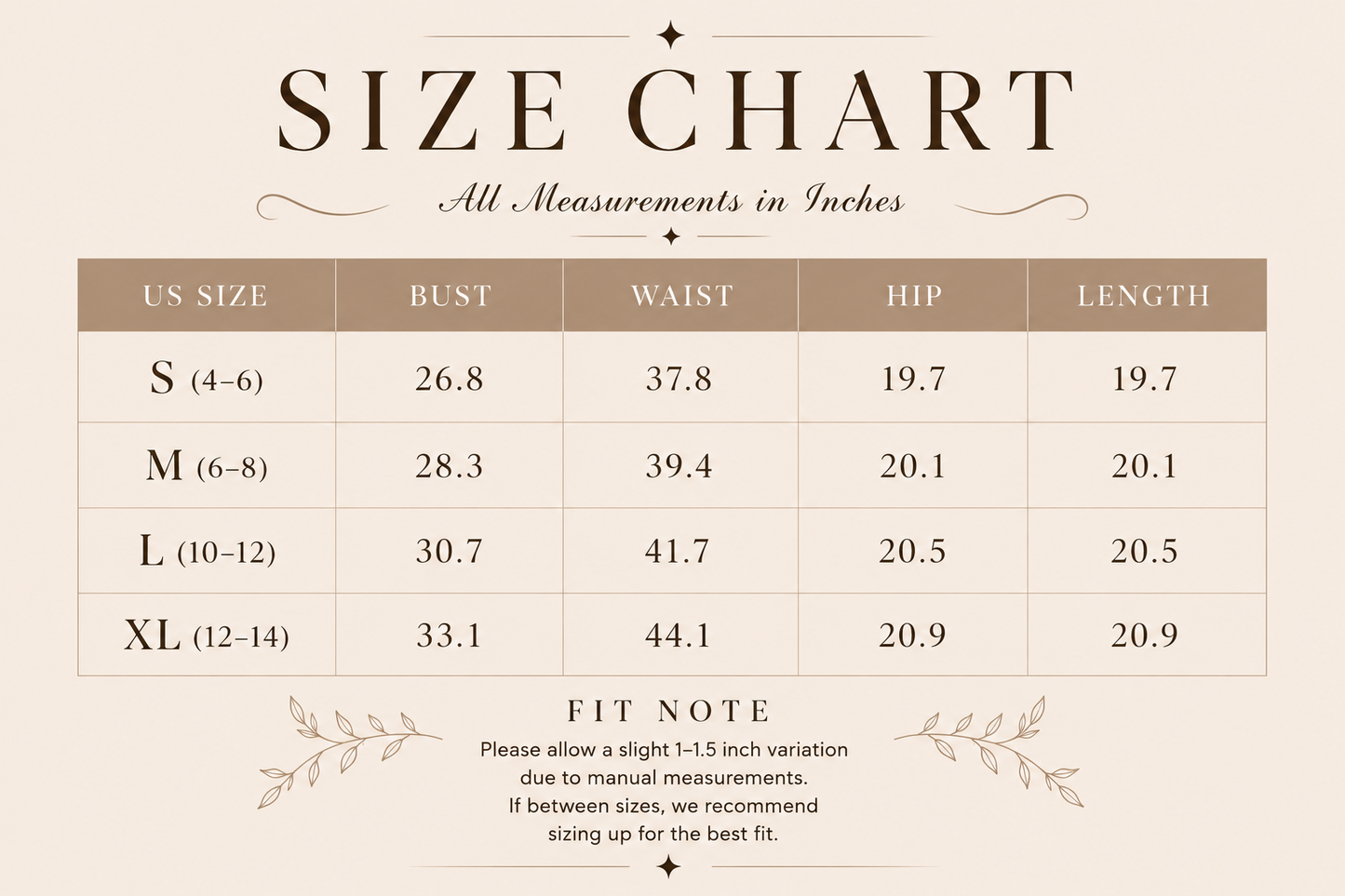 Size chart for clothing measurements in inches on a beige background