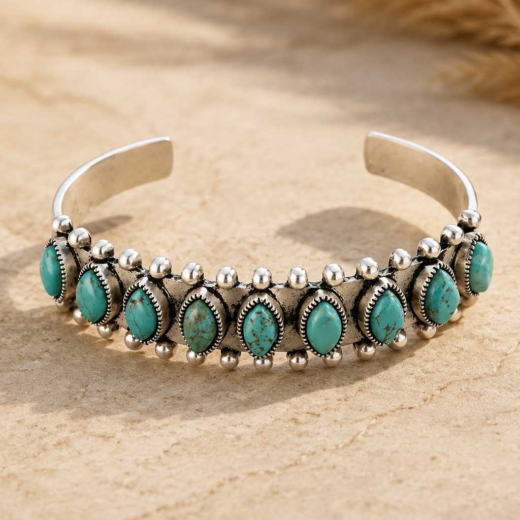 Silver bracelet with turquoise stones on a wooden surface