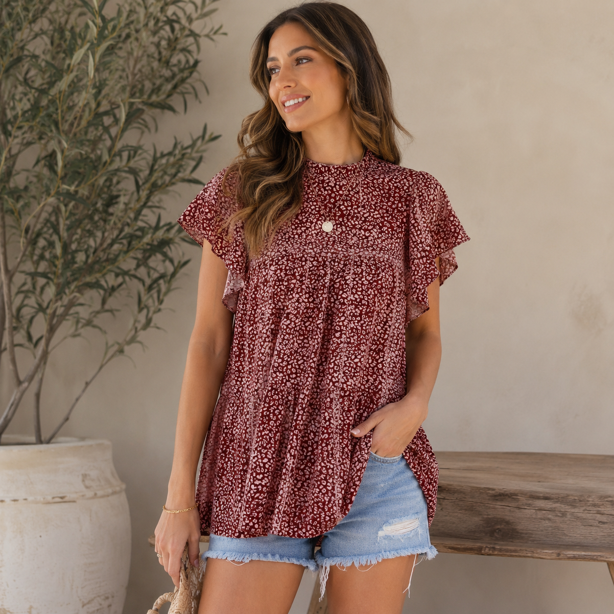 Dust & Darling Printed Ruffle Sleeve Blouse