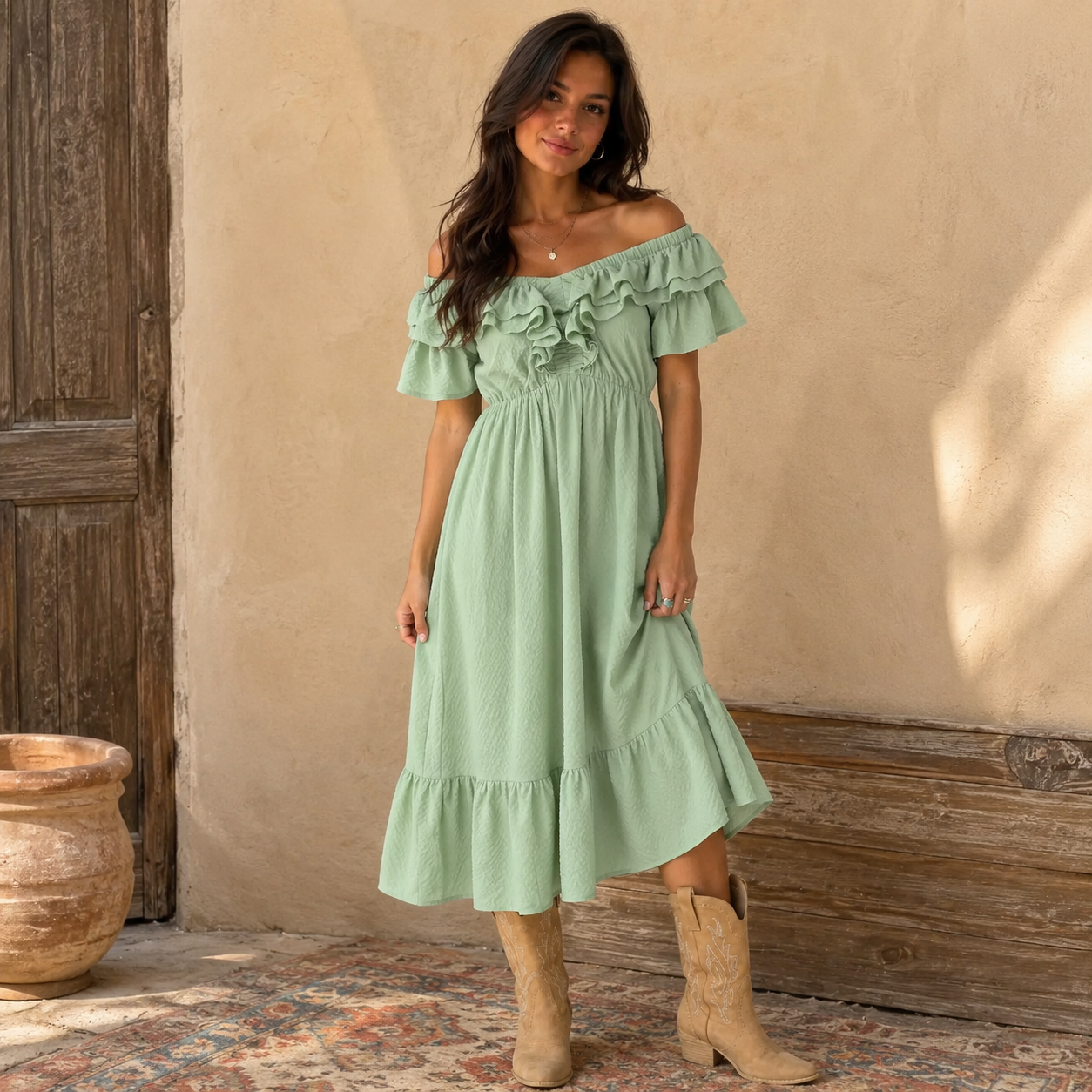 Sagebrush Textured Ruffle Midi Dress