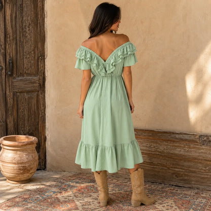 Sagebrush Textured Ruffle Midi Dress