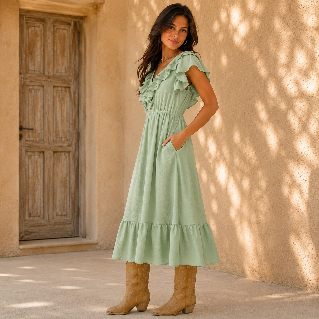 Sagebrush Textured Ruffle Midi Dress