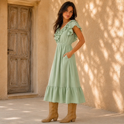 Sagebrush Textured Ruffle Midi Dress