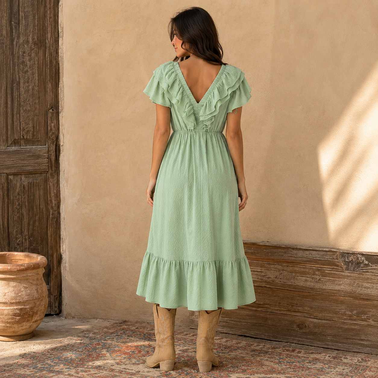 Sagebrush Textured Ruffle Midi Dress