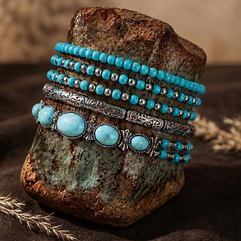 Turquoise beaded bracelets with silver accents on a textured stone surface
