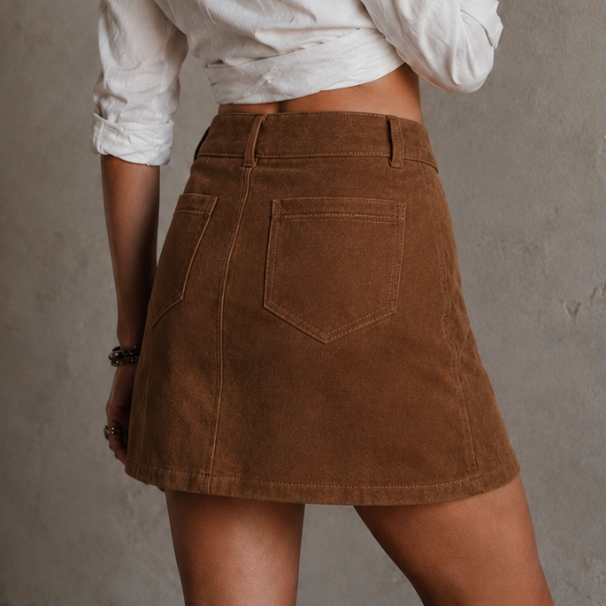 Brown suede skirt worn by a person on a neutral background