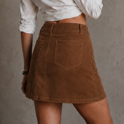 Brown suede skirt worn by a person on a neutral background