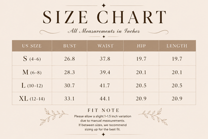 Size chart for clothing measurements in inches on a beige background
