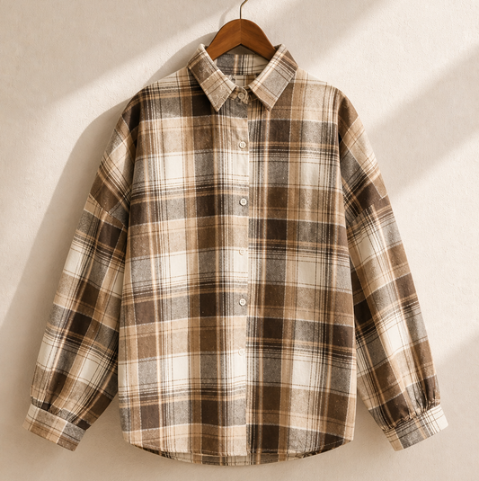 Plaid shirt on a hanger against a neutral background