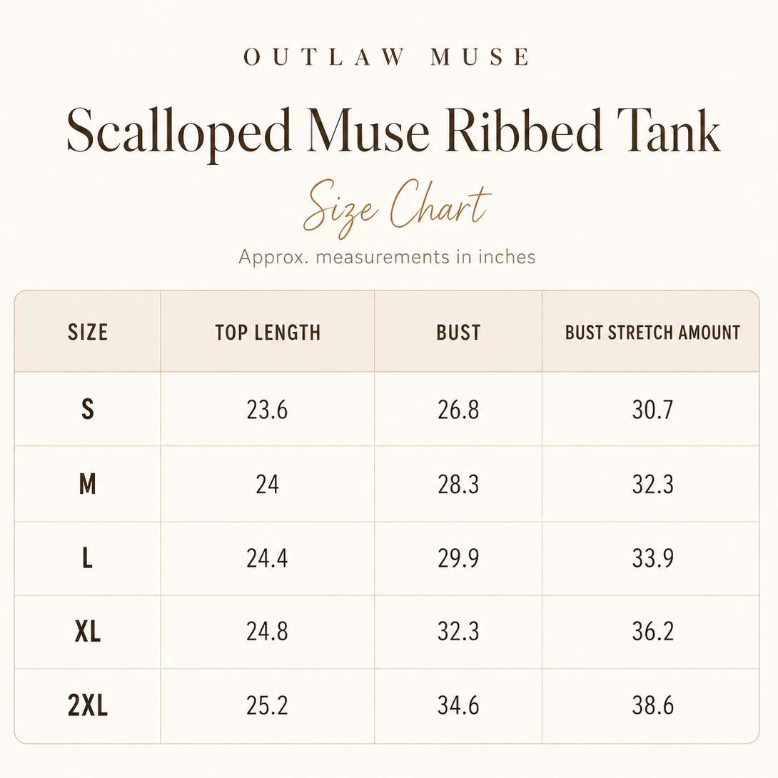 Size chart for Outlaw Muse Scallop Muse Ribbed Tank with measurements in inches.