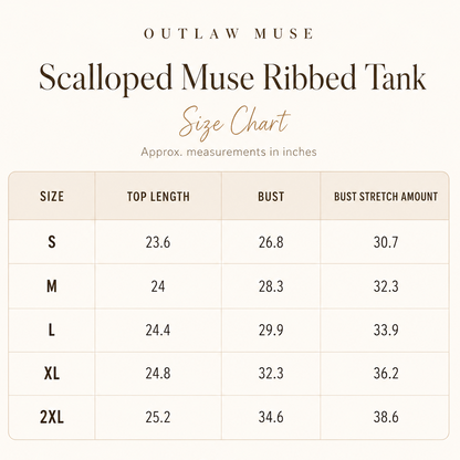 Size chart for Outlaw Muse Scallop Muse Ribbed Tank with measurements in inches.